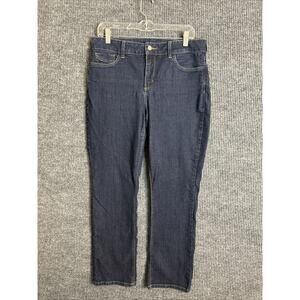 NYDJ Womens Marilyn Straight Jeans Sz 12P Blue Dark Wash Denim Stretch Lift Tuck